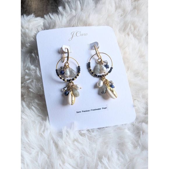 J. CREW Semi Precious Mixed Stone Beaded Freshwater Pearl Dangle Earrings - Picture 2 of 3